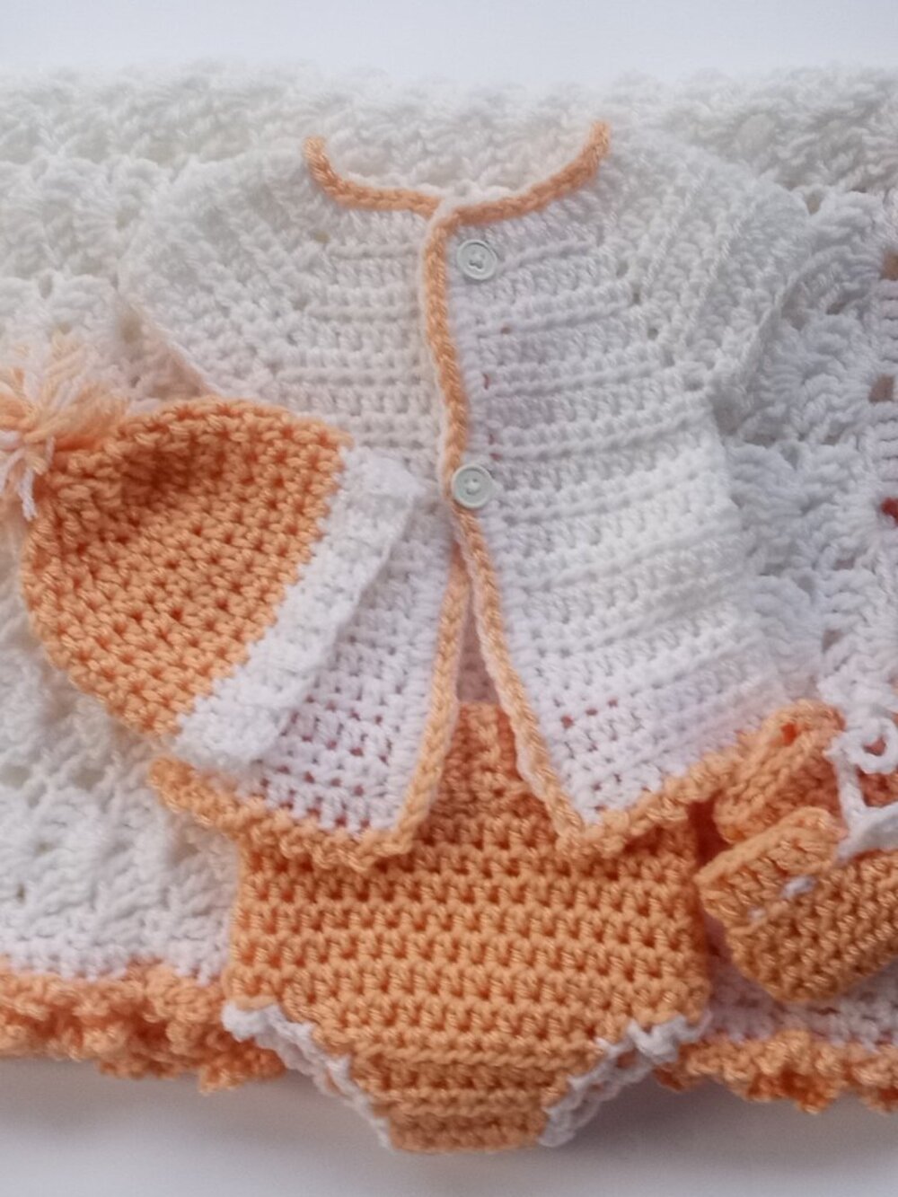 Handmade Crochet Newborn Baby Gift Set White/Peach Blanket Cardigan Hat Booties